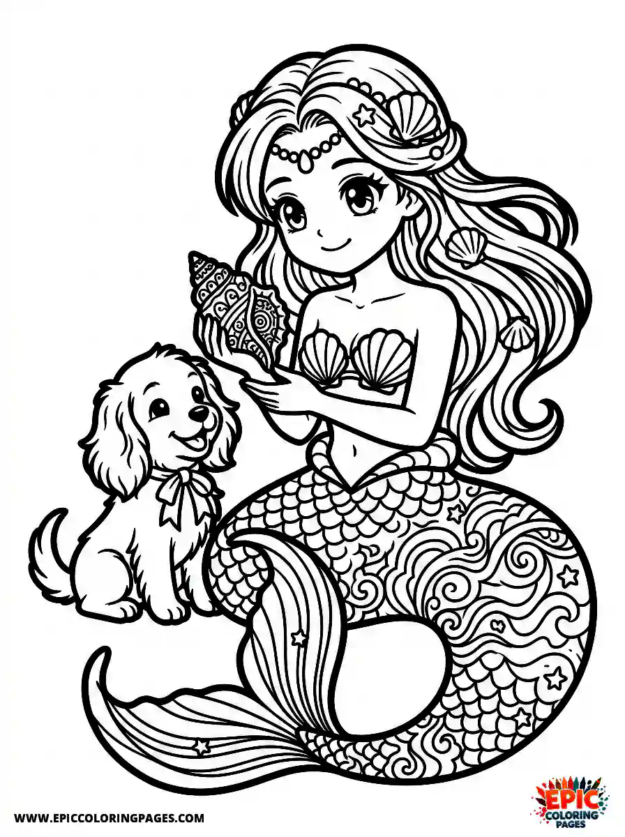 Girl with Dog Simple girl with dog manga style dressed as a beautiful mermaid holding a seashell