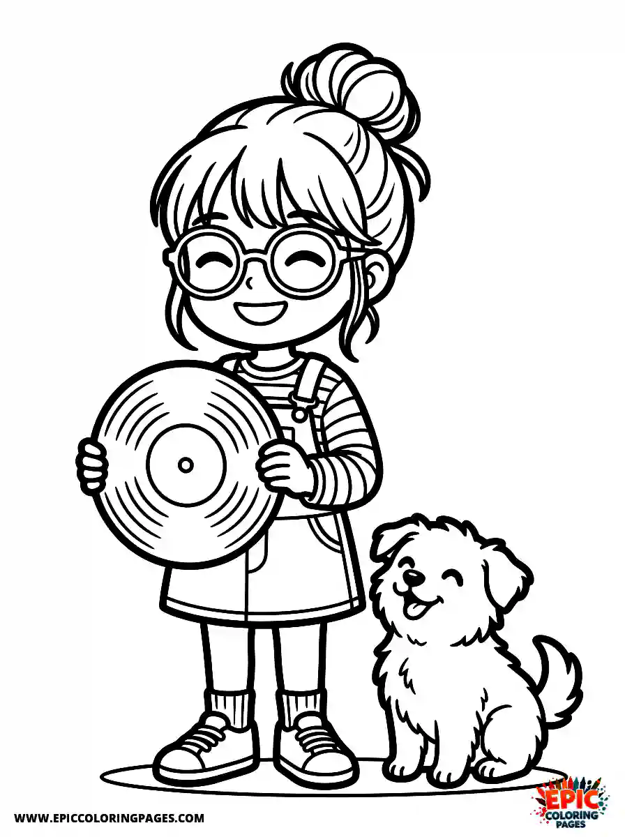 Girl with Dog Simple girl with dog manga style holding a classic vinyl record wearing retro round glasses