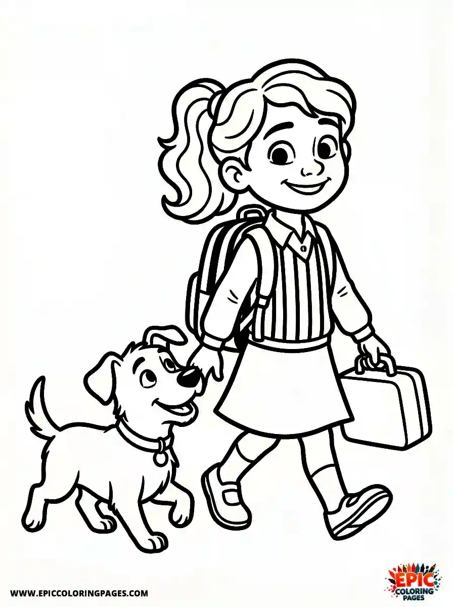 Girl with Dog Simple girl with dog pixar style carrying a bright lunchbox wearing a striped backpack