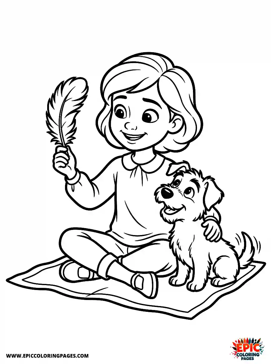 Girl with Dog Simple girl with dog pixar style holding a fluffy feather wearing a soft silk blouse