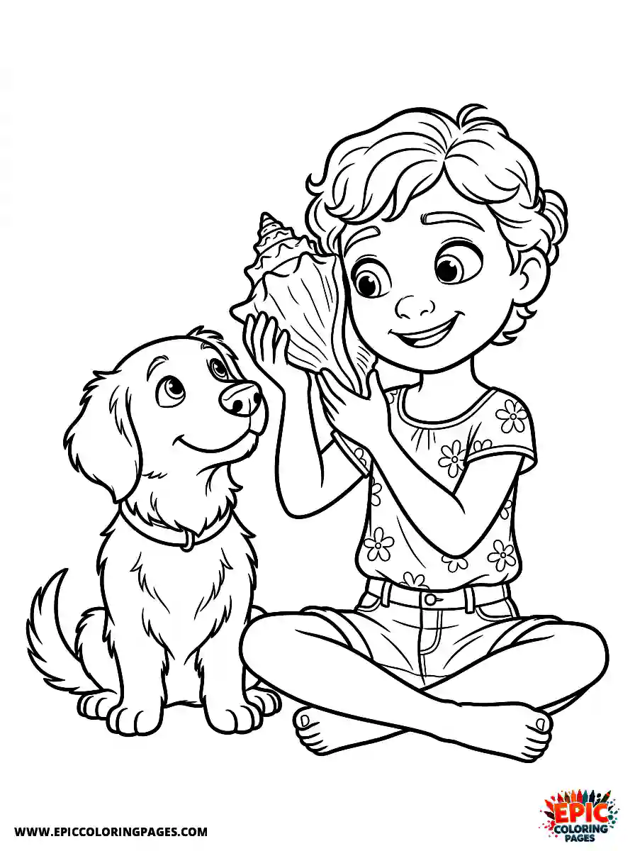 Girl with Dog Simple girl with dog pixar style holding a large conch shell to her ear wearing a summer blouse