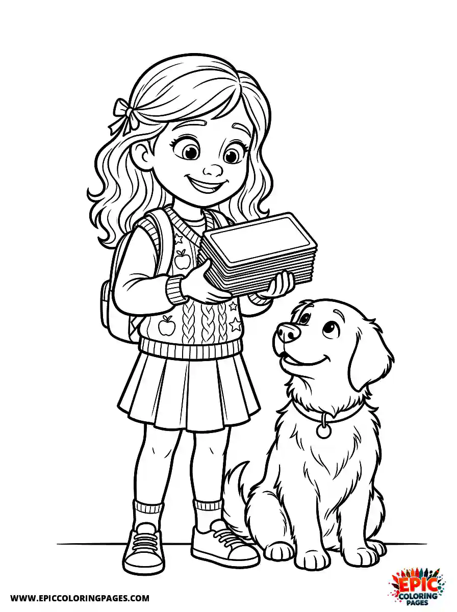Girl with Dog Simple girl with dog pixar style holding a stack of flashcards wearing a knitted vest