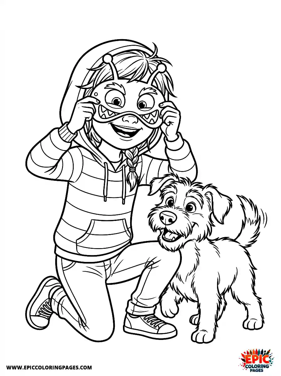 Girl with Dog Simple girl with dog pixar style pulling a funny prank mask over her face wearing a striped hoodie