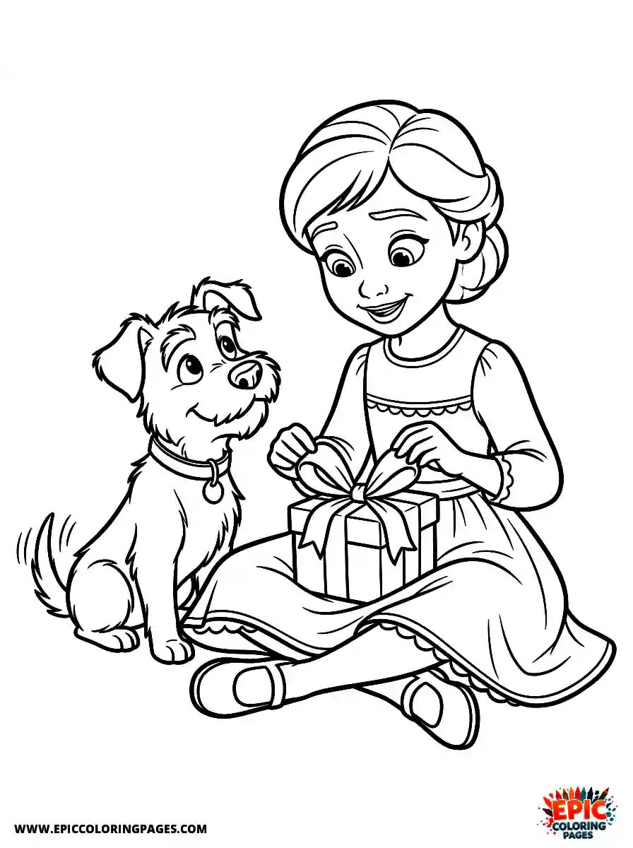 Girl with Dog Simple girl with dog pixar style tying a neat ribbon bow wearing an elegant dress