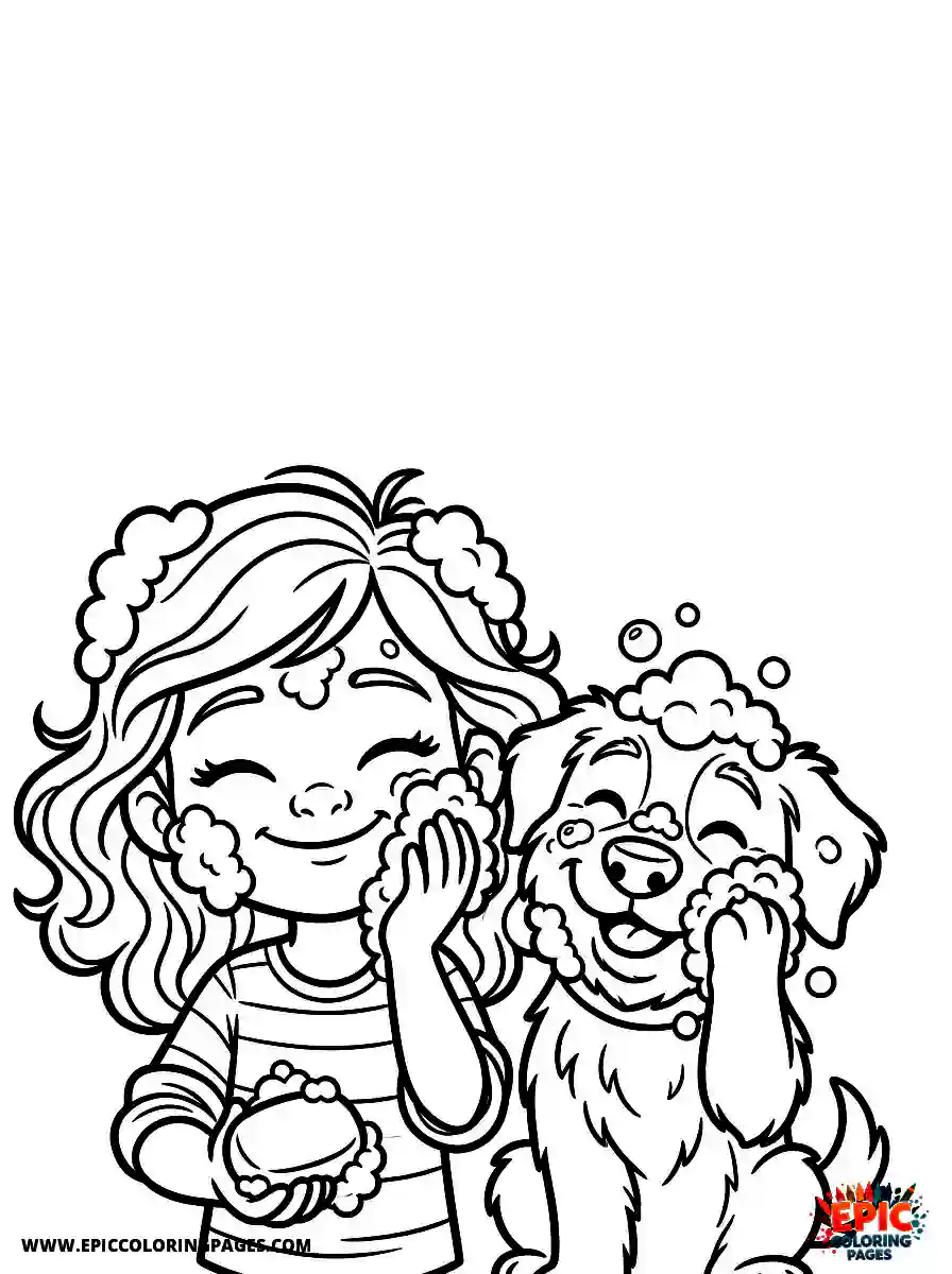 Girl with Dog Simple girl with dog pixar style washing face with soap suds holding a soap bar