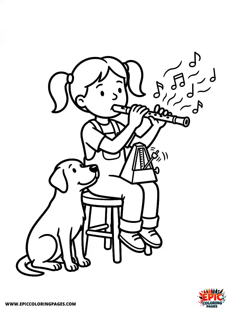 Girl with Dog Simple girl with dog playing a wooden flute holding a small metronome
