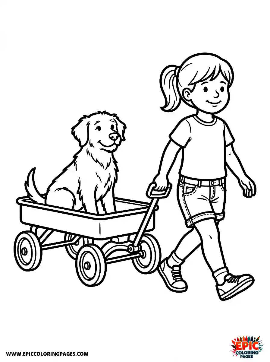 Girl with Dog Simple girl with dog pulling a classic red wagon wearing denim shorts