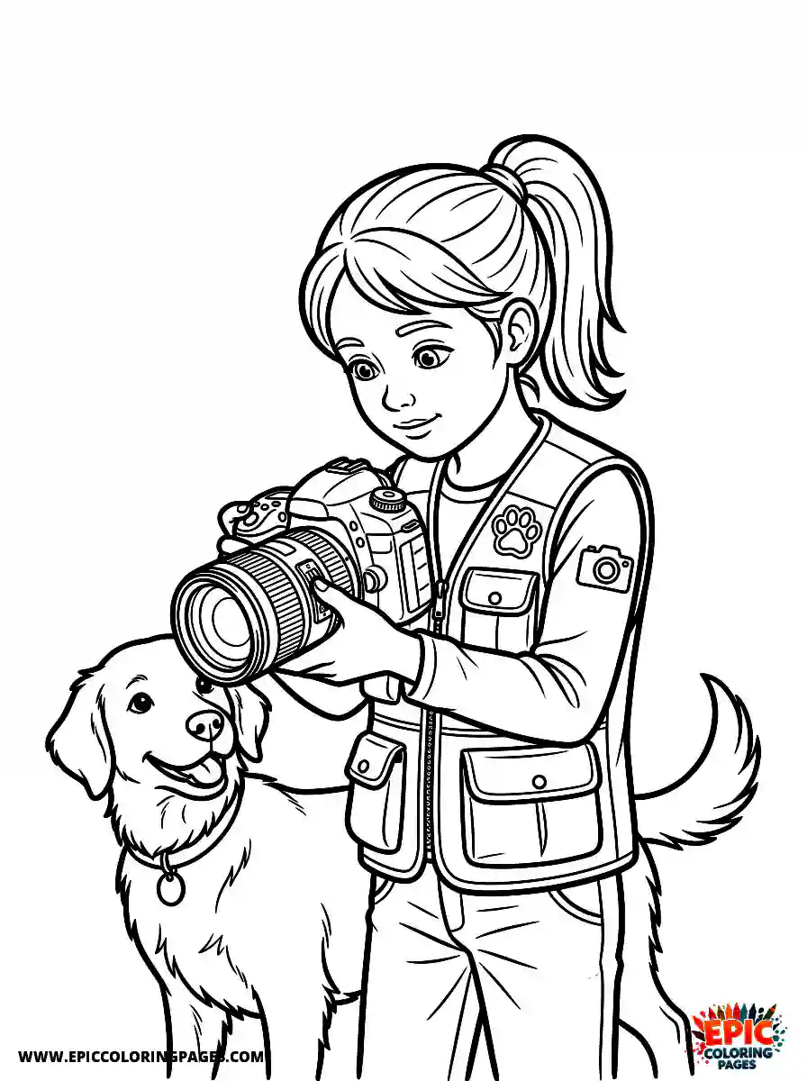 Girl with Dog Simple girl with dog realistic adjusting a professional camera lens wearing a utility vest