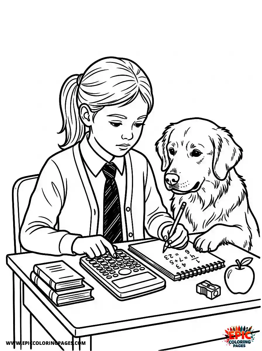 Girl with Dog Simple girl with dog realistic calculating numbers on a scientific calculator wearing a smart tie