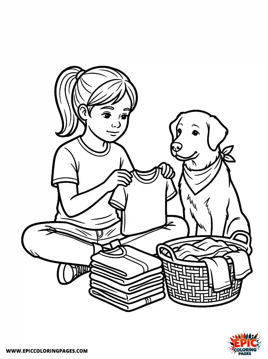 Girl with Dog Simple girl with dog realistic folding a stack of clothes holding a perfectly folded shirt
