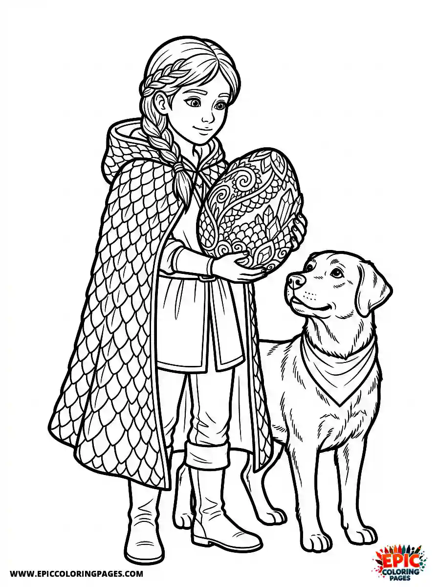 Girl with Dog Simple girl with dog realistic holding a mythical dragon egg wearing a reptilian scale cape