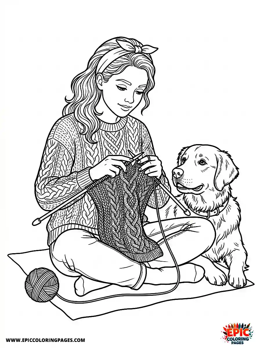 Girl with Dog Simple girl with dog realistic knitting a complex cable pattern sweater long metal needles