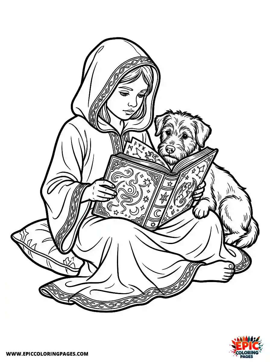 Girl with Dog Simple girl with dog realistic reading an ancient magical grimoire wearing a hooded velvet robe