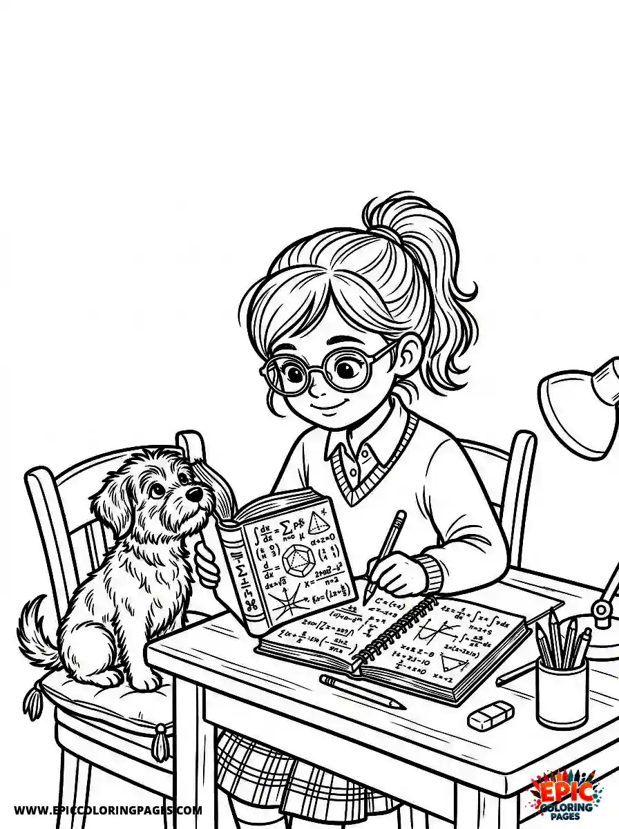 Girl with Dog Simple girl with dog realistic studying a complex math textbook wearing uniform glasses