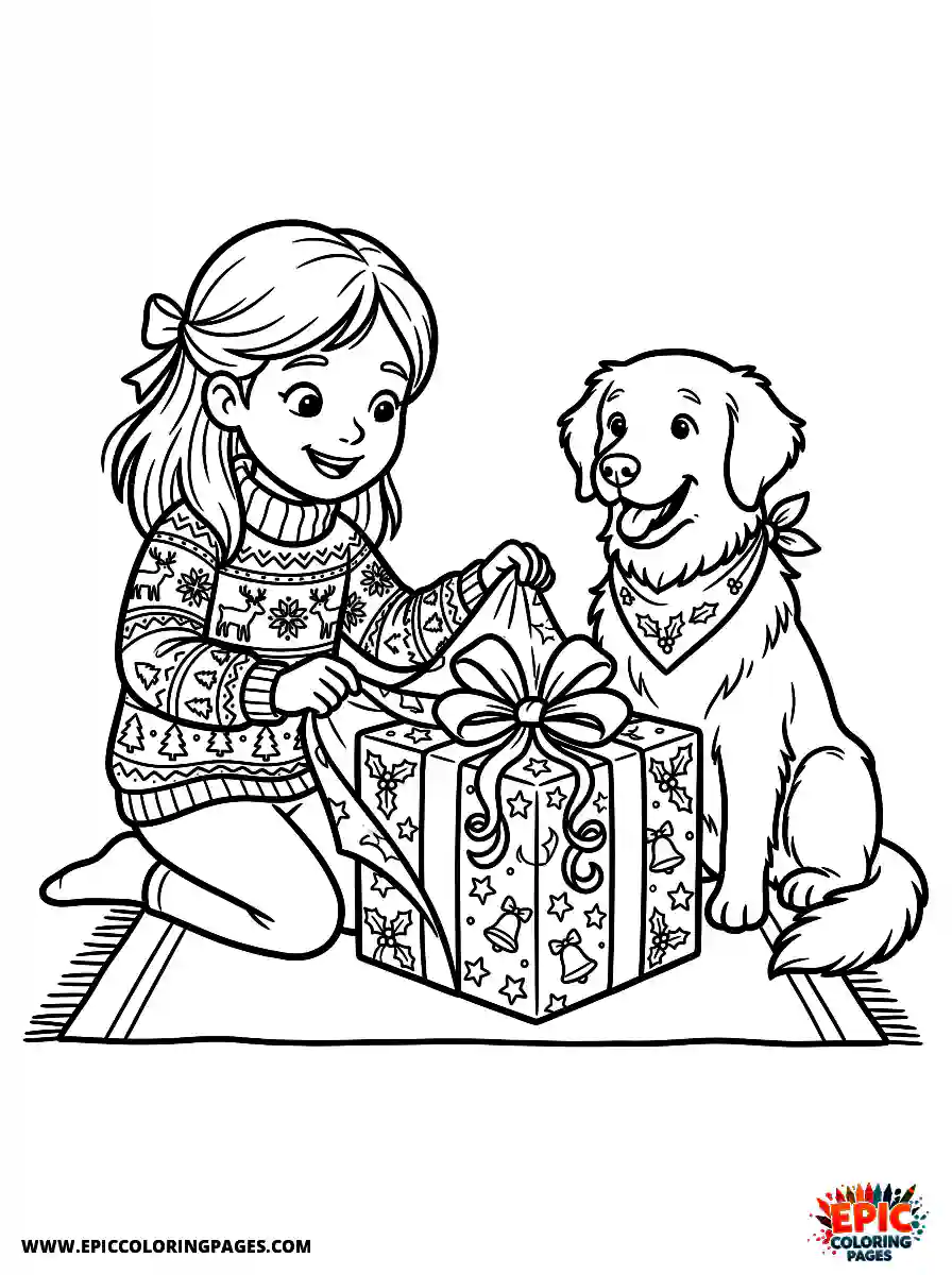 Girl with Dog Simple girl with dog realistic unwrapping a beautifully tied present wearing a festive knitted sweater