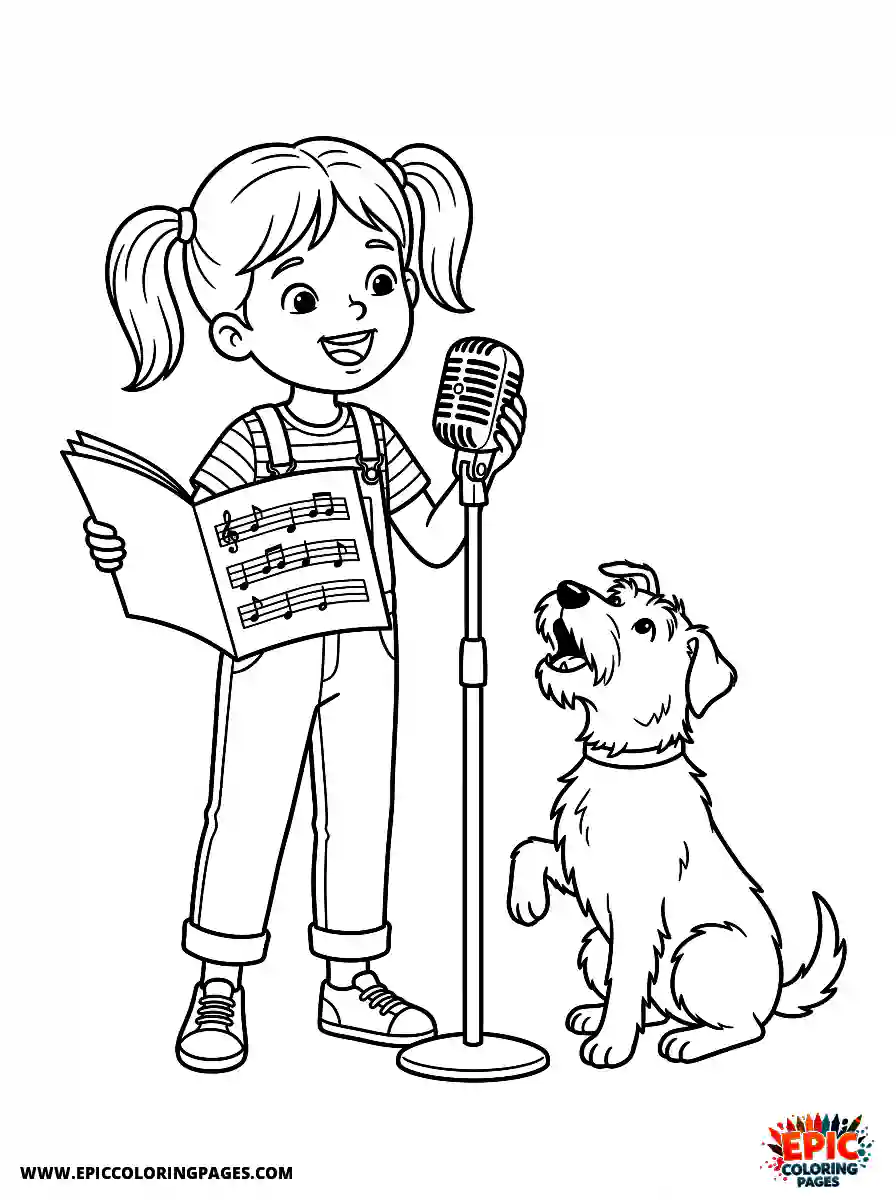 Girl with Dog Simple girl with dog singing into a vintage microphone holding a music sheet