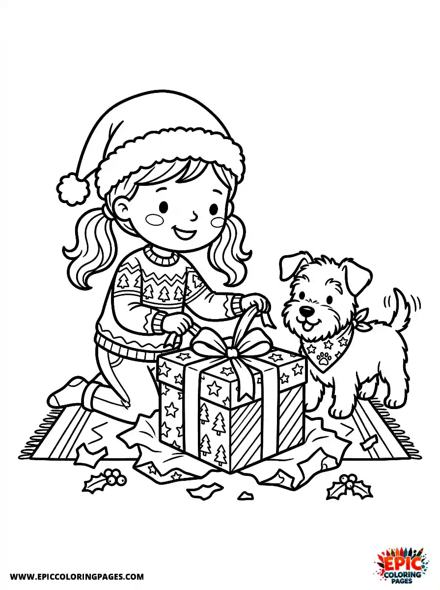 Girl with Dog Simple girl with dog unwrapping a square present wearing a santa hat