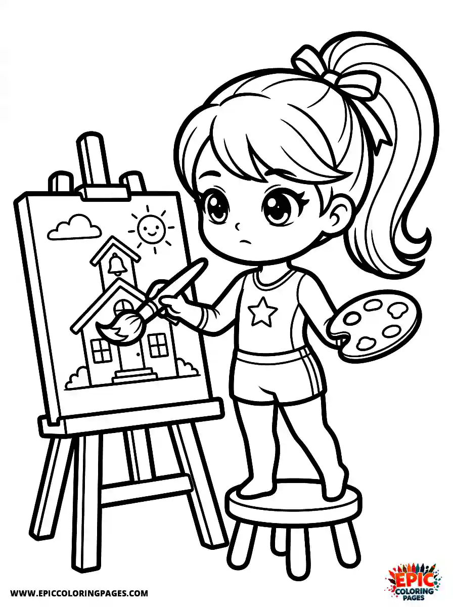 Gymnast Girl Simple gymnast girl chibi style painting on a canvas with a brush