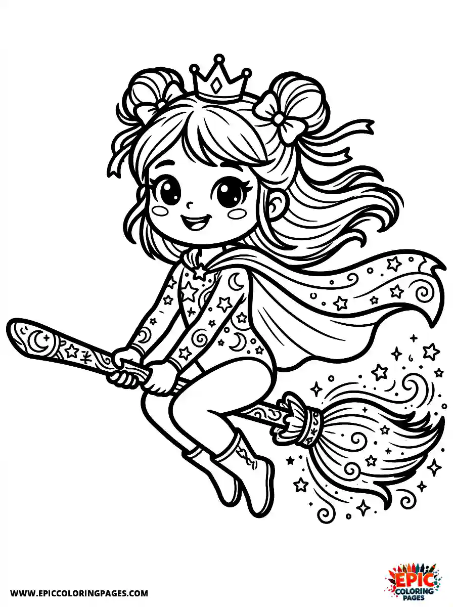 Gymnast Girl Simple gymnast girl kawaii style riding a magical broomstick with a cape