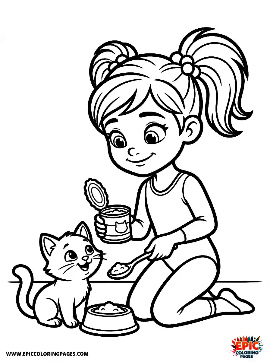 Gymnast Girl Simple gymnast girl pixar style feeding a cat from a tin can