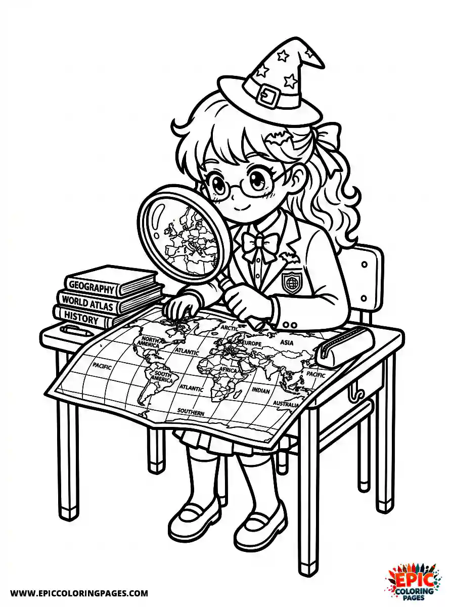 Halloween Girl Simple halloween girl manga style studying a world map using a magnifying glass