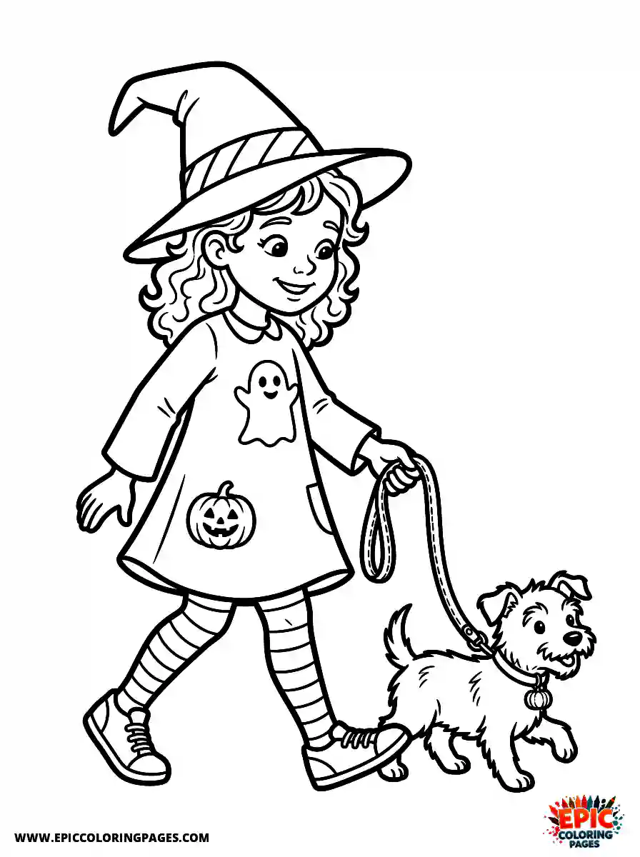 Halloween Girl Simple halloween girl walking a small dog holding a leather leash