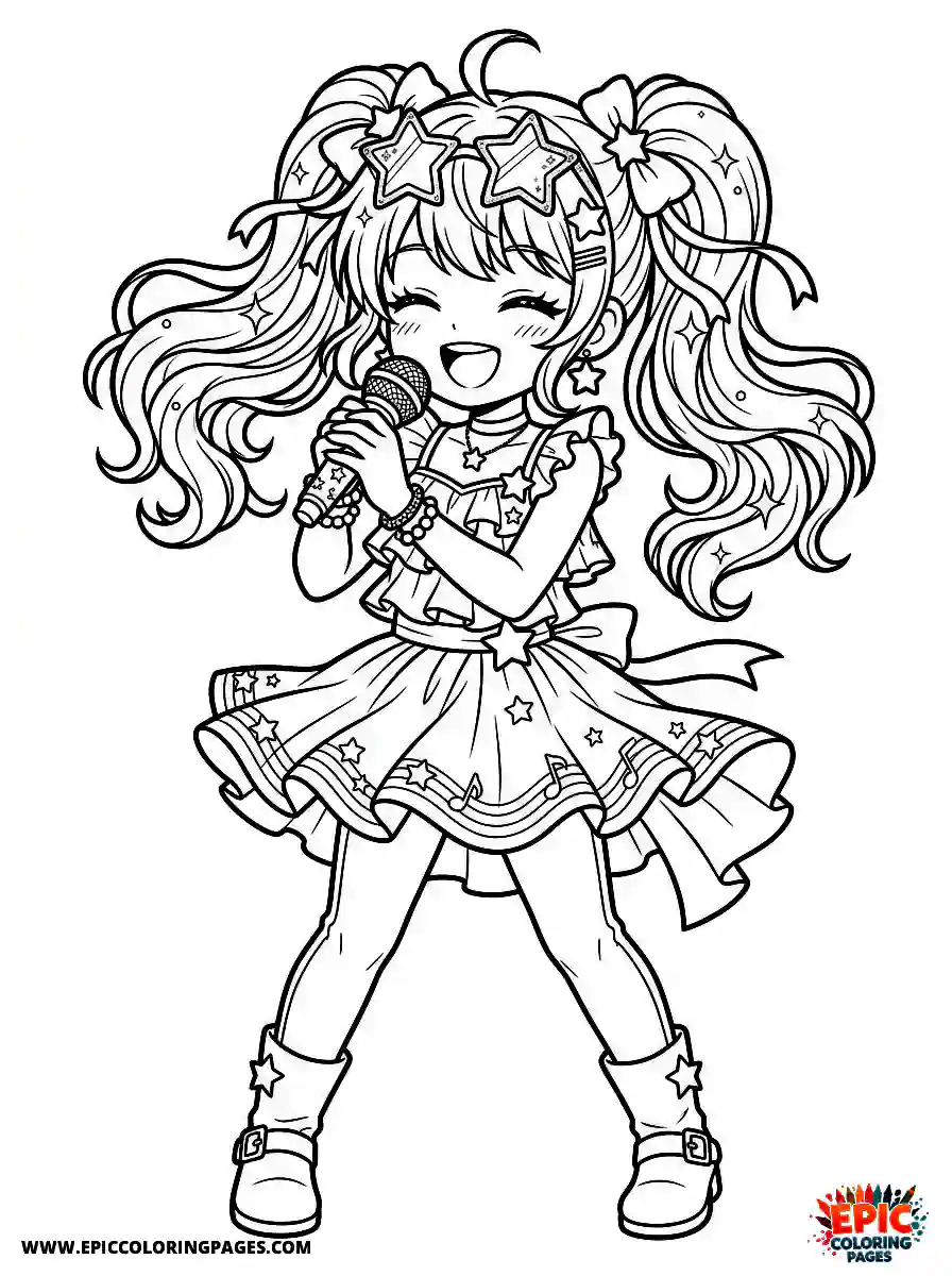 Happy Girl Simple happy girl anime style singing into a microphone wearing popstar sunglasses