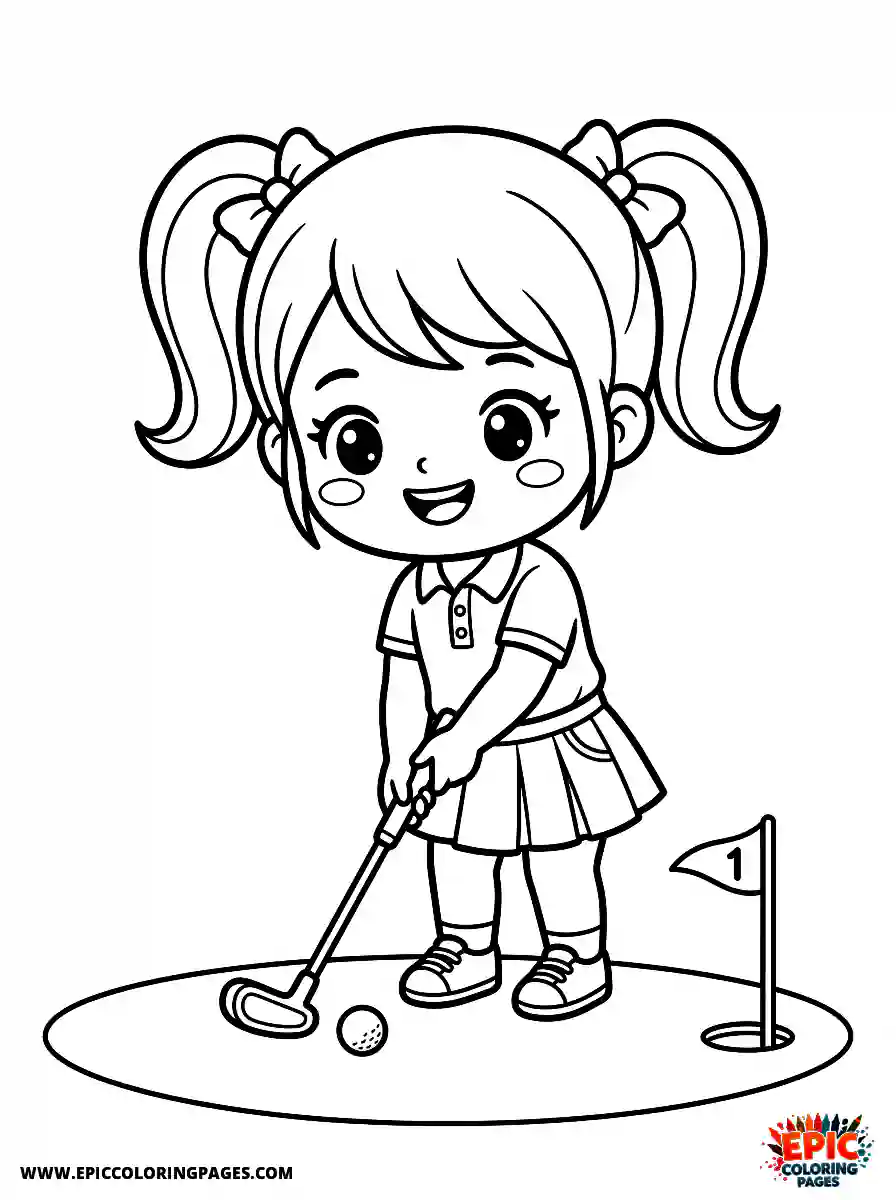 Happy Girl Simple happy girl chibi style holding a golf club lining up a putt