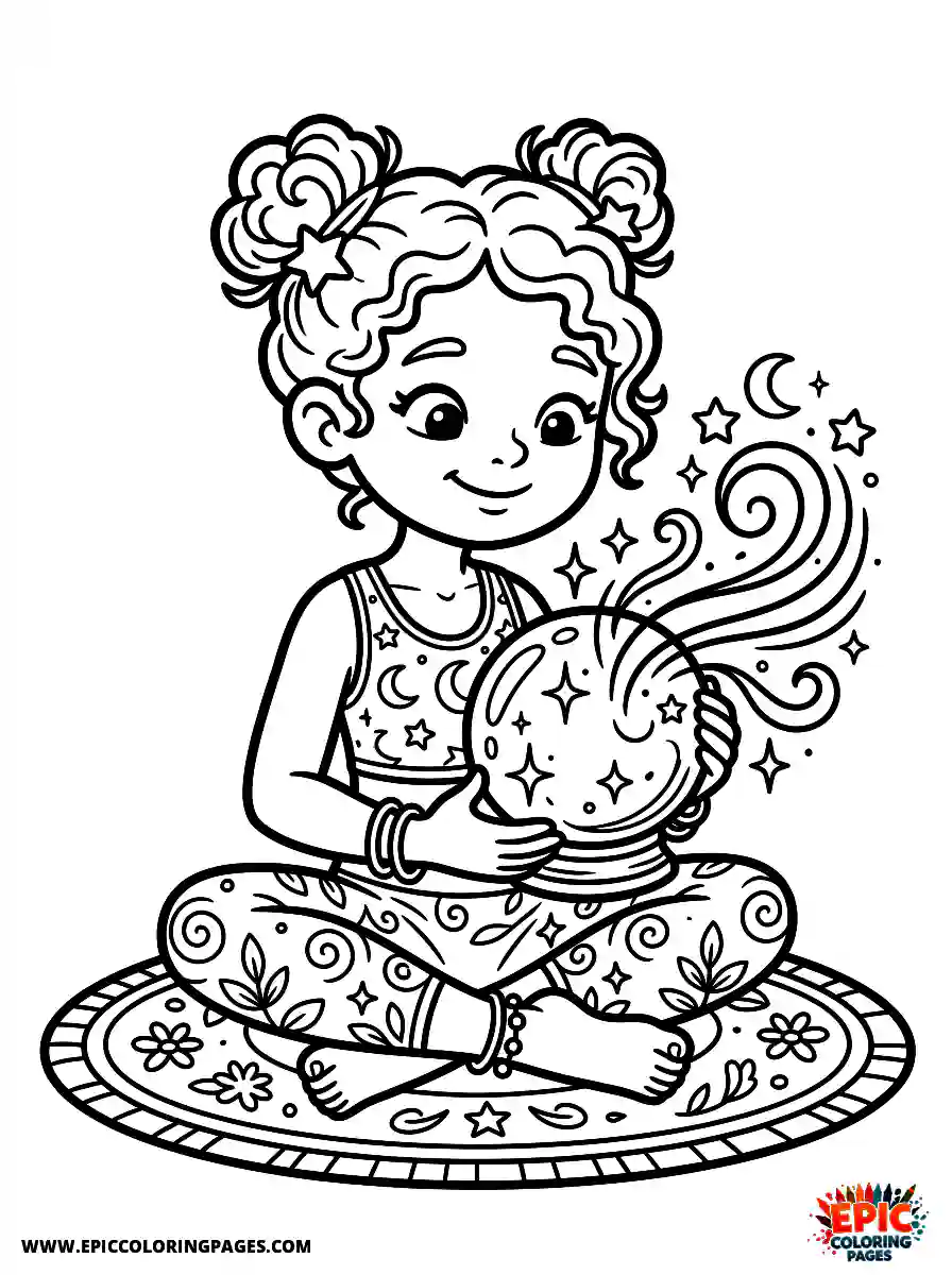 Yoga Girl Simple yoga girl comic strip style holding a magical crystal ball