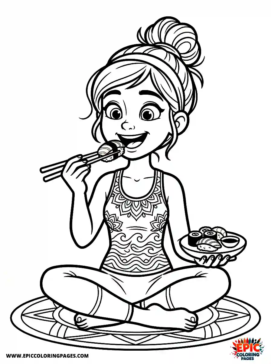 Yoga Girl Simple yoga girl pixar style eating sushi with chopsticks