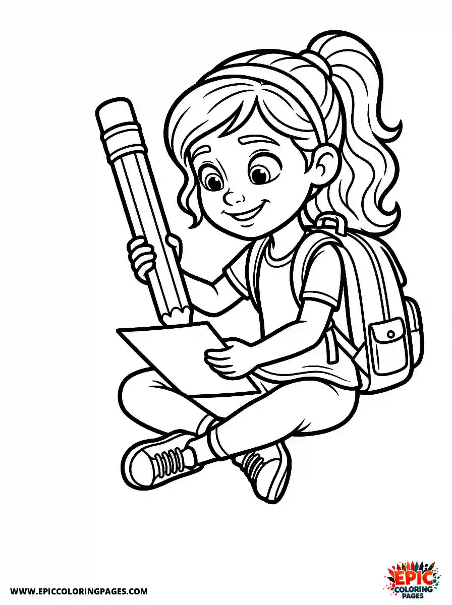 Yoga Girl Simple yoga girl pixar style writing with a giant pencil wearing a backpack