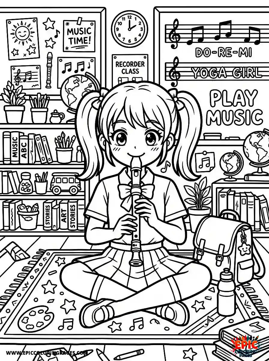 Yoga Girl Yoga girl anime style playing a recorder instrument