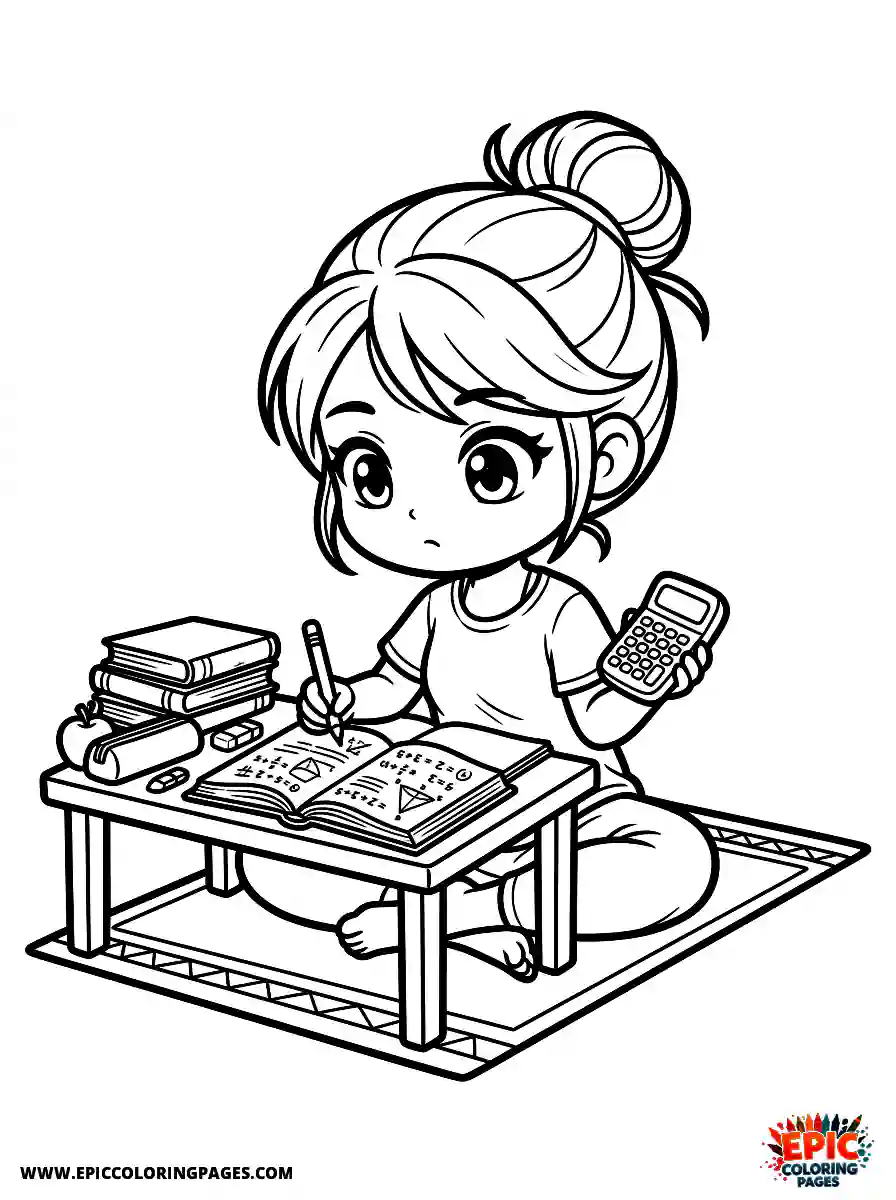 Yoga Girl Yoga girl chibi style doing math homework with a calculator