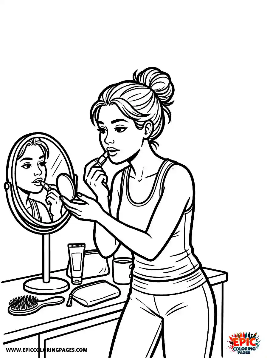 Yoga Girl Yoga girl comic strip style applying lipstick with a mirror