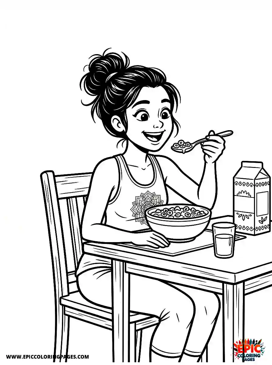 Yoga Girl Yoga girl comic strip style eating a bowl of cereal