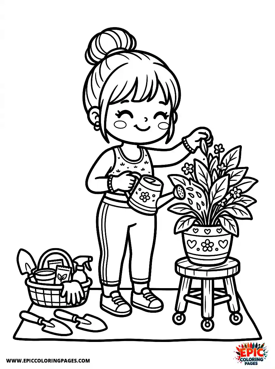 Yoga Girl Yoga girl kawaii style watering a potted plant