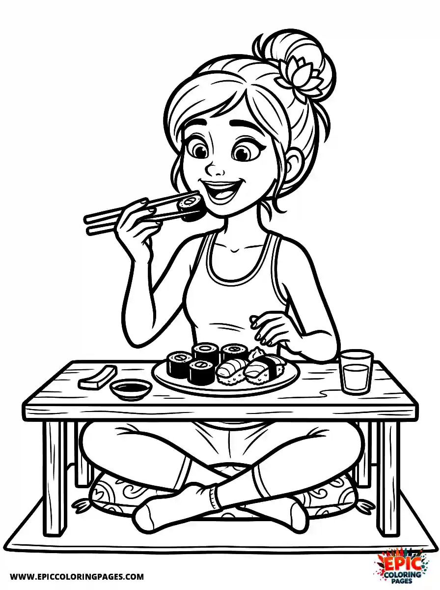 Yoga Girl Yoga girl pixar style eating sushi with chopsticks