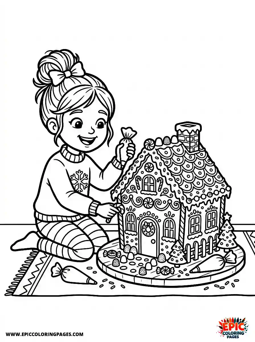 Yoga Girl Yoga girl realistic decorating an elaborate gingerbread house
