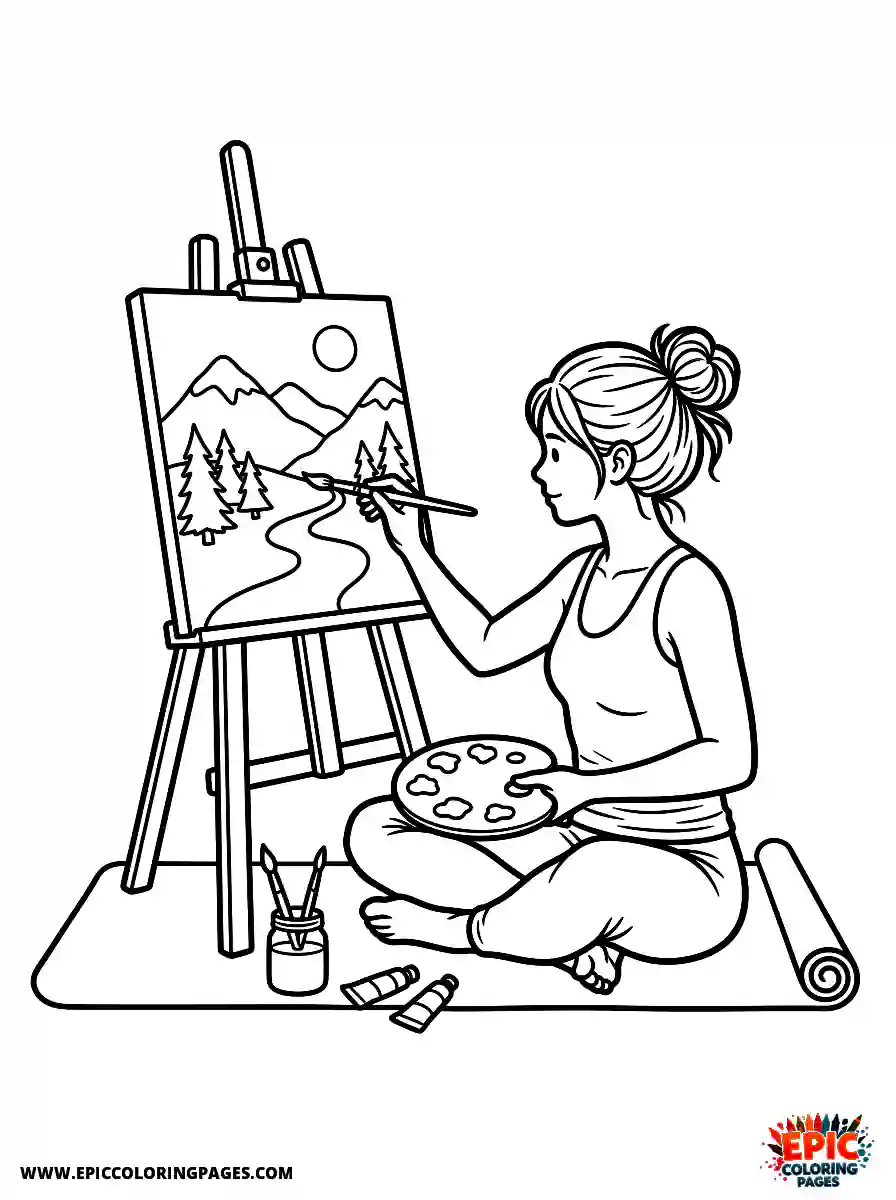 Yoga Girl Yoga girl realistic painting a landscape on an easel