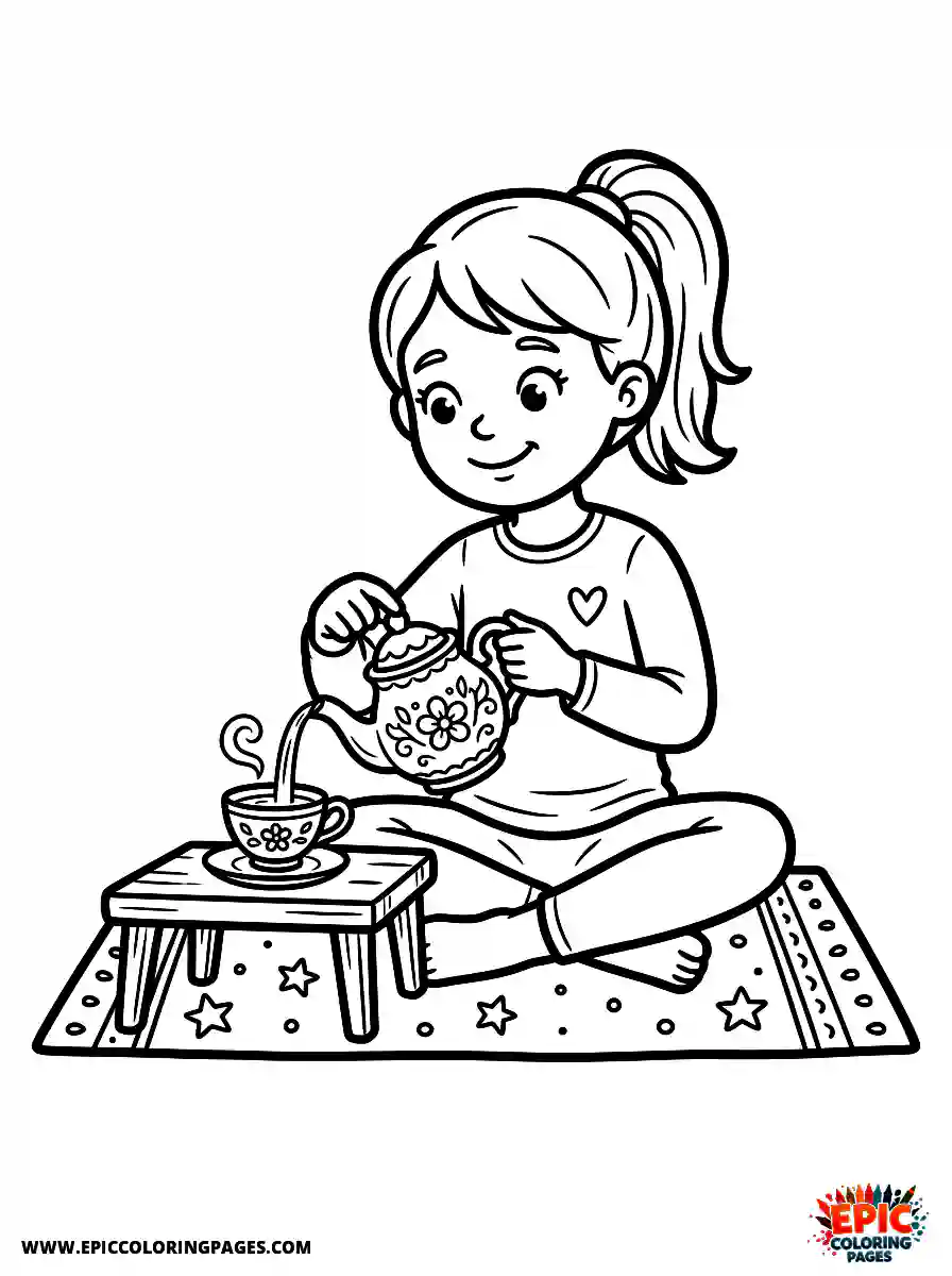 Yoga Girl Yoga girl realistic pouring tea from a porcelain teapot