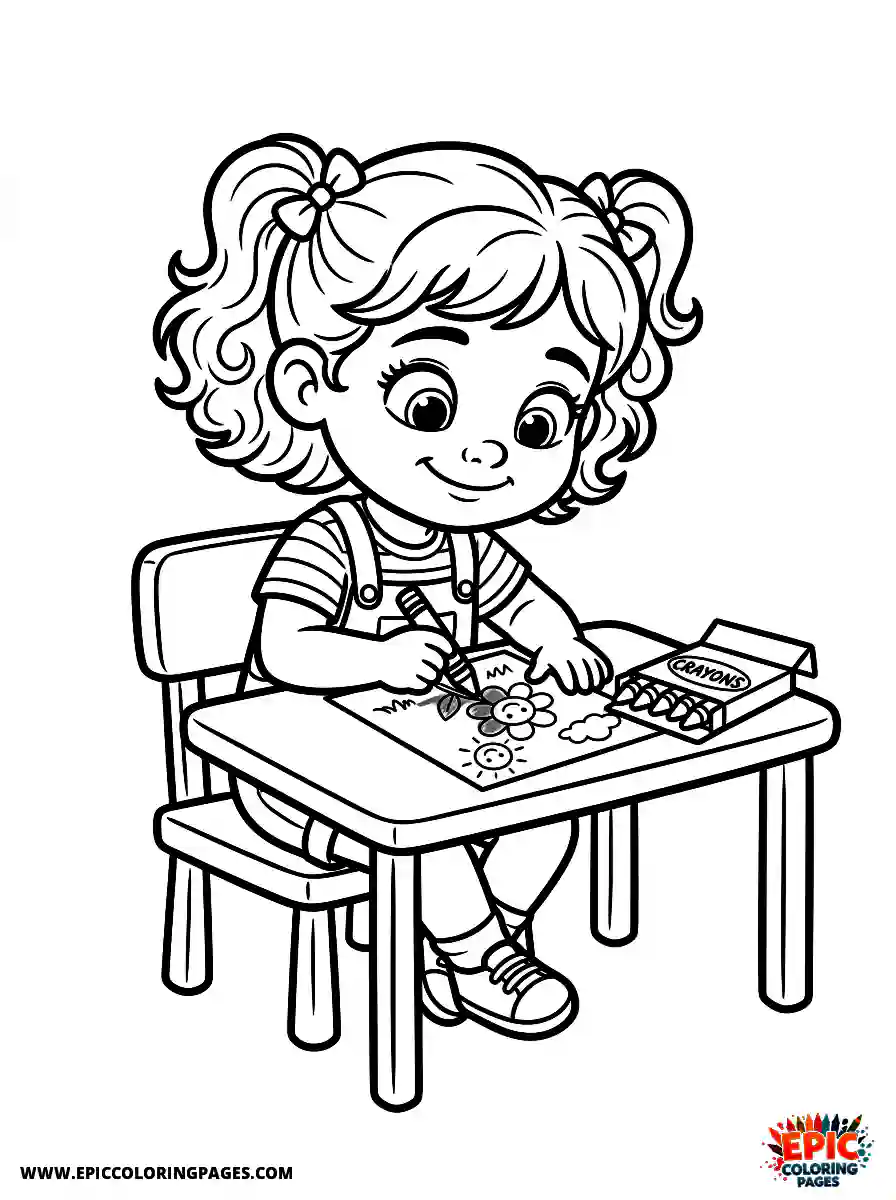 Pixar Style Girl pixar style girl drawing with crayons in a kindergarten classroom cute